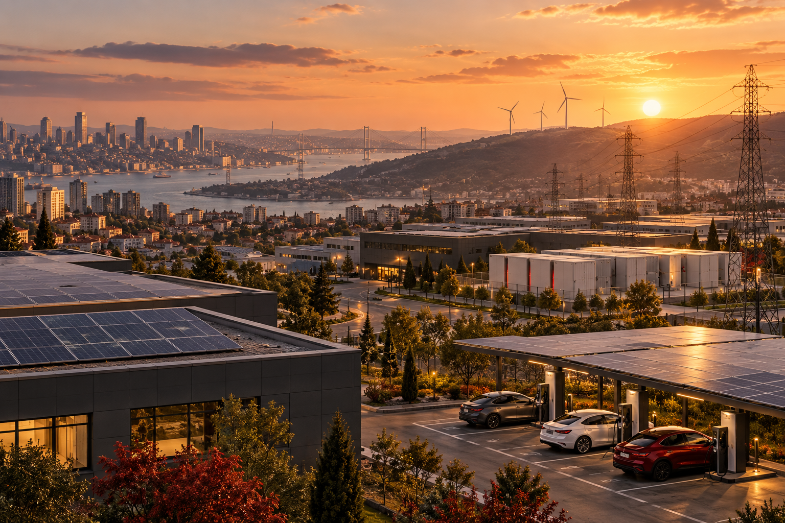 2040 yılında elektrikli ulaşım, güneş üretimi, depolama ve şebekeyi temsil eden kavramsal görsel